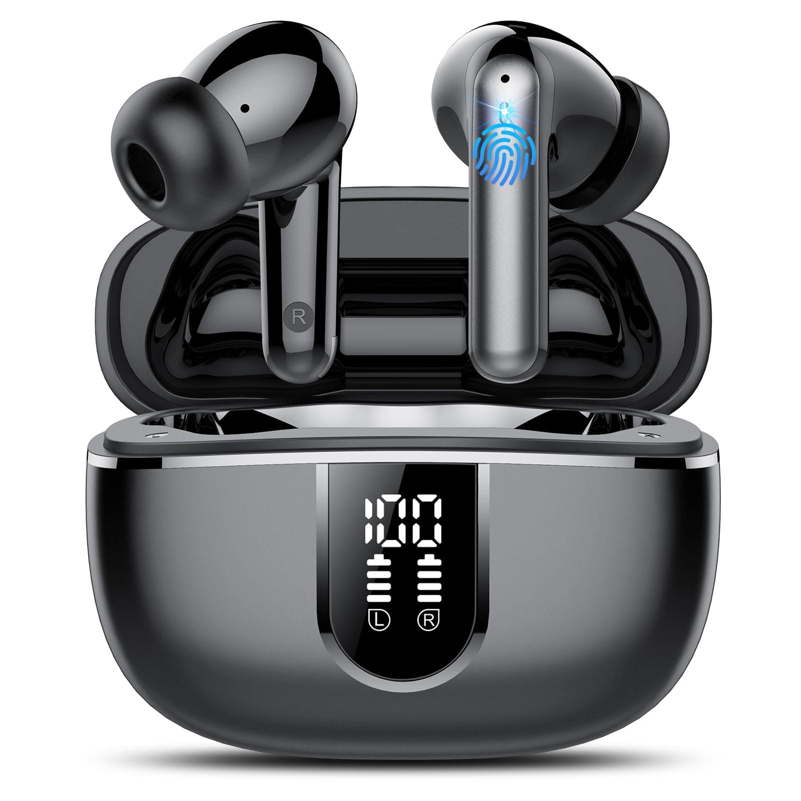 TIMU Wireless Earbuds, Bluetooth Headphones 5.3, 50H Playtime LED Display Deep Bass Ear Buds with 4 ENC Noise Cancelling Mic, IP7 Waterproof in-Ear Earphones for Phone Tablet Laptop Sports Black