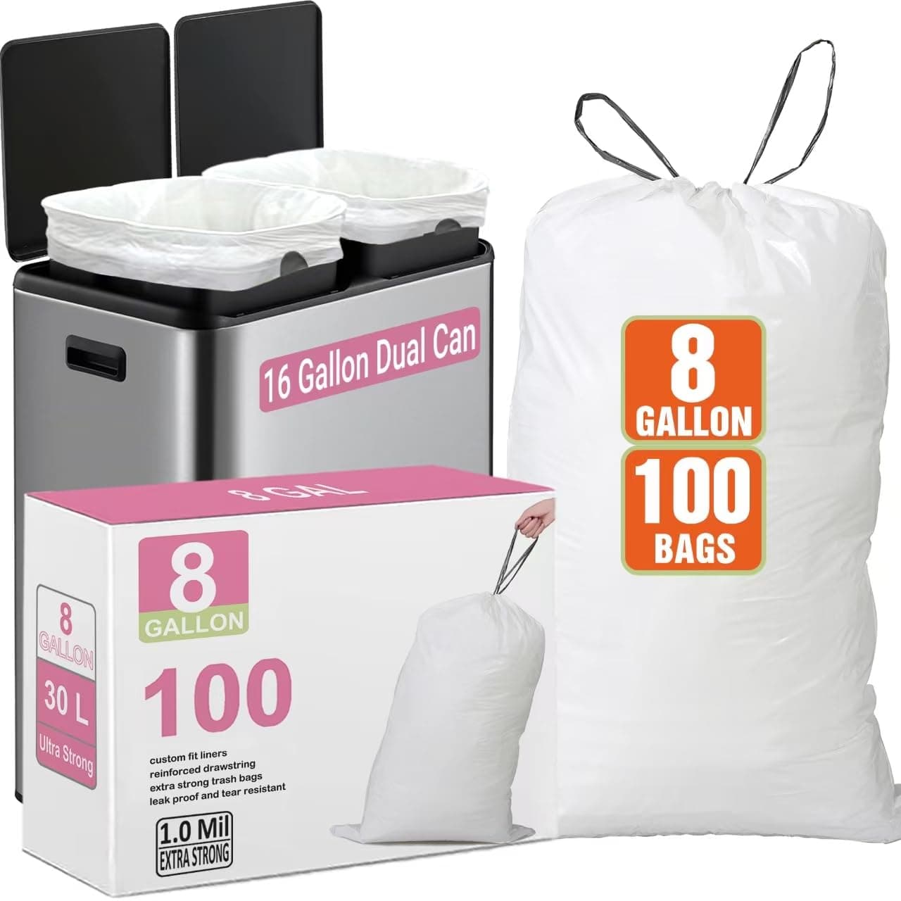 8 Gallon Trash Bags for Dual Compartment Trash Can (2 x 8 Gallon/2 x 30 L) Pefect Fit 100 Count Drawstring Kitchen Garbage Bags Compatible with Liner Code 30A & Dual Compartment Trash Can (2x8Gallon) 100 Count (Pack of 1) 8 Gallon White