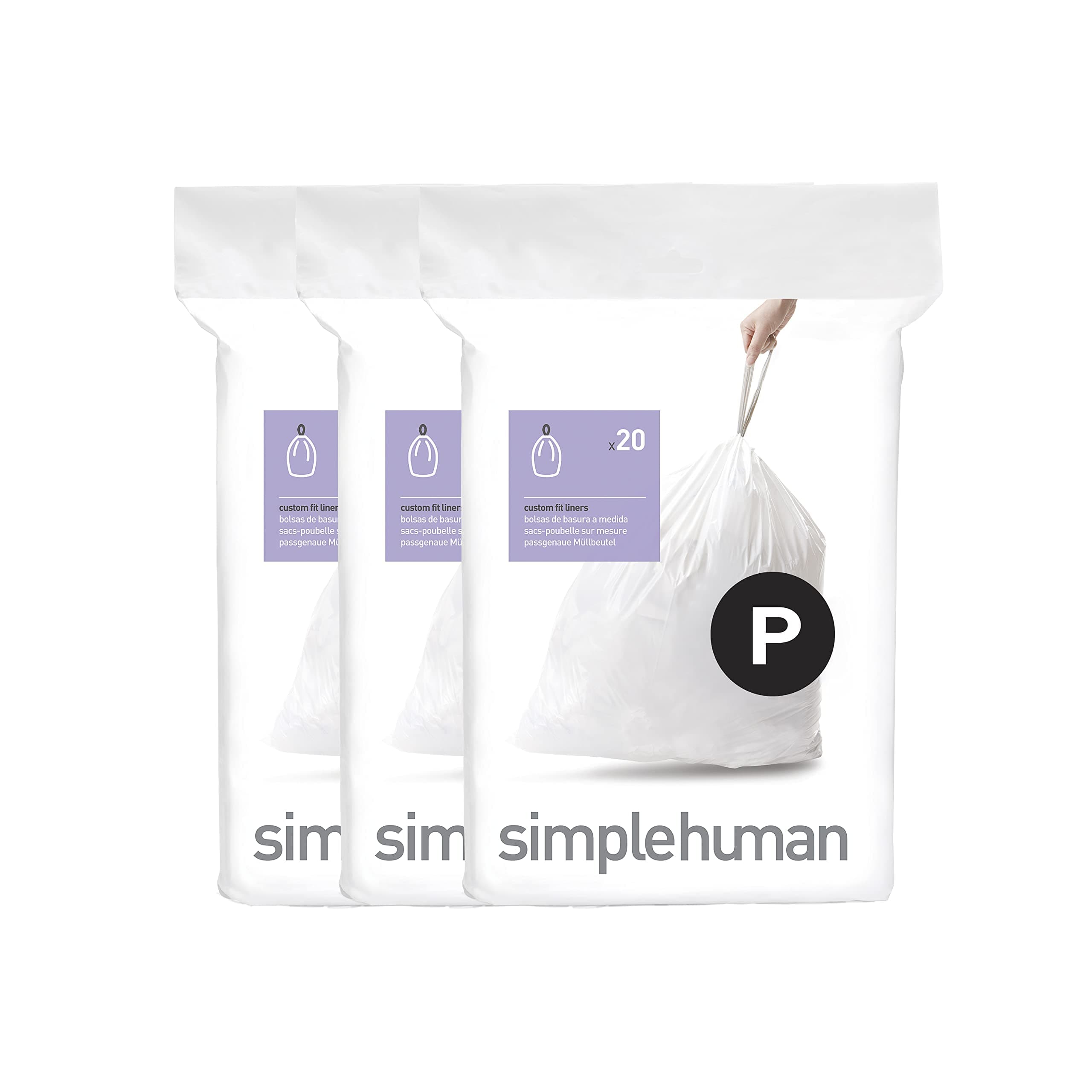simplehuman Code P 60 Count, Dispenser Pack Custom Fit Liners, Drawstring Trash Bags, 50-60 Liter / 13-16 Gallon, White 60 Count (Pack of 1)