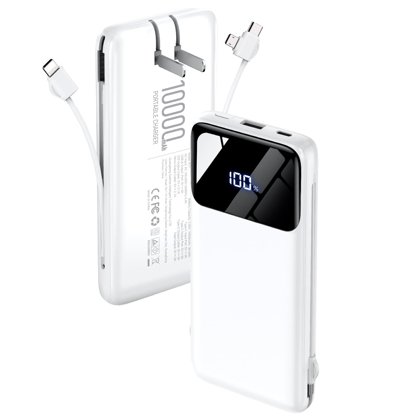 Portable Charger Power Bank with Built-in Cables and Wall Plug, 10000mAh Slim USB-C Battery Pack, 15W Fast Charging Travel Essential Portable Phone Charger Compatible with iPhone, Samsung (White)