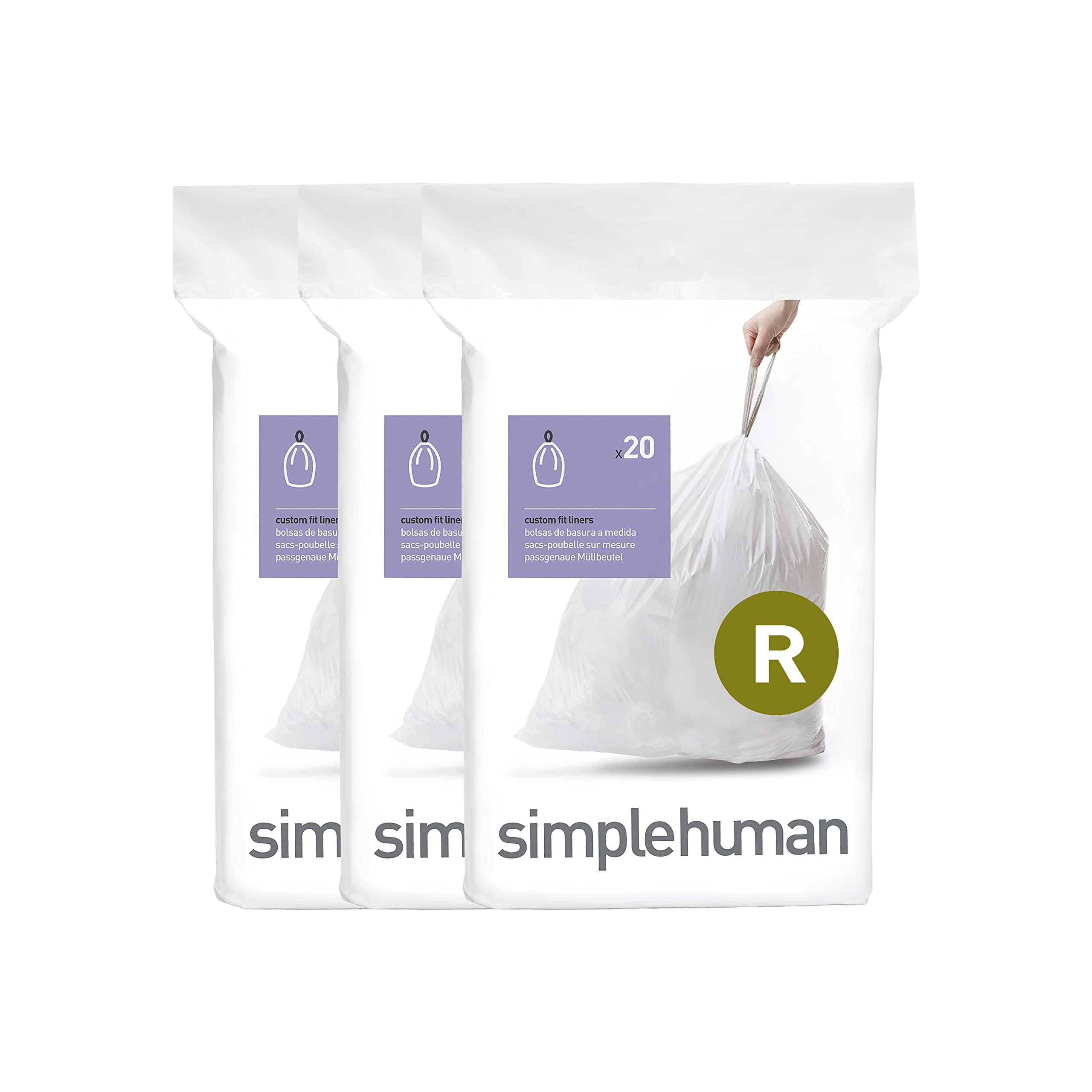 simplehuman Code R 60 Count, Dispenser Pack Custom Fit Liners, Drawstring Trash Bags, 10 Liter / 2.6 Gallon, White 60 Count (Pack of 1)