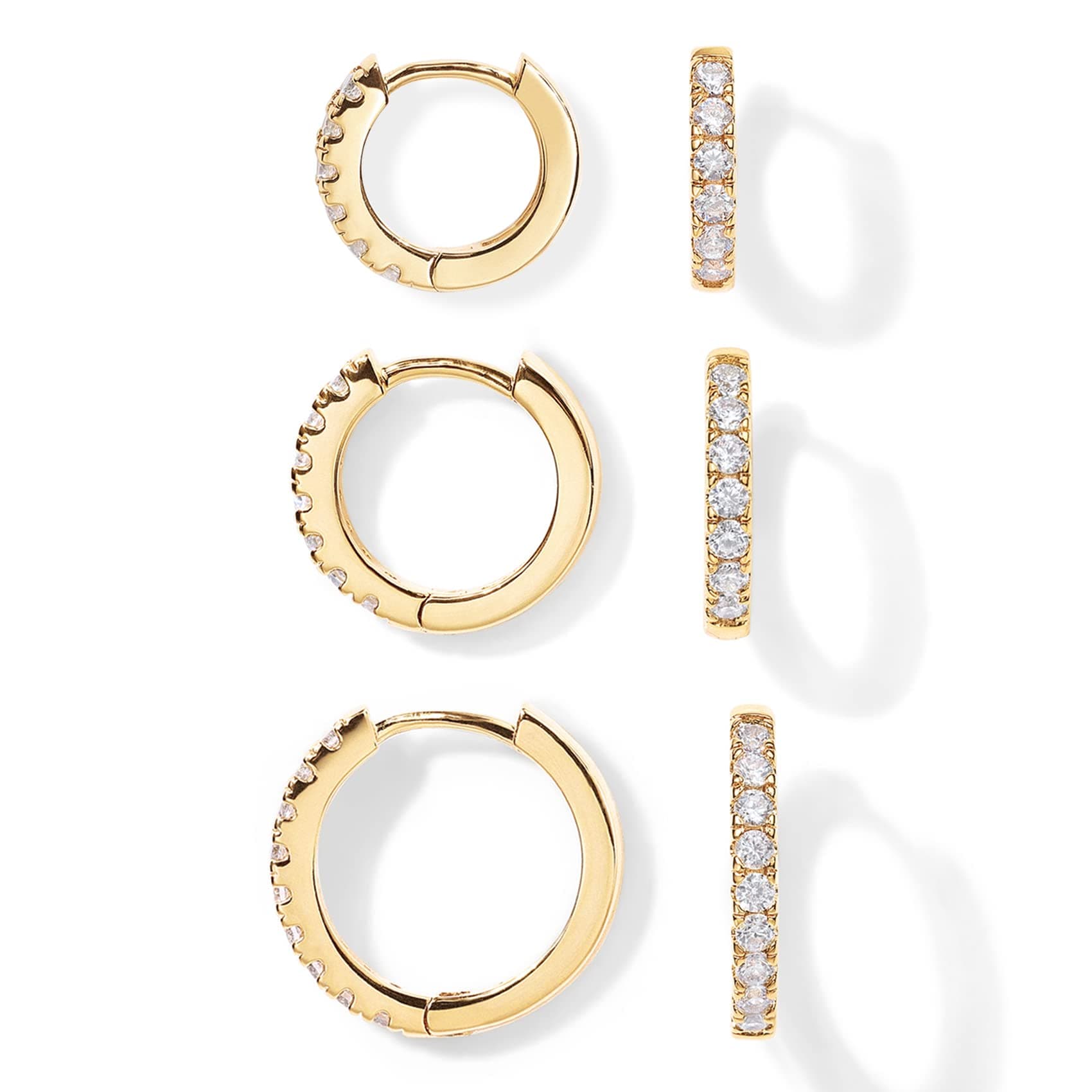 PAVOI 18K Gold Plated 925 Sterling Silver Posts 3 Pairs Hoop Earrings Set for Women | Huggie Earring Pack Cubic Zirconia Yellow Gold