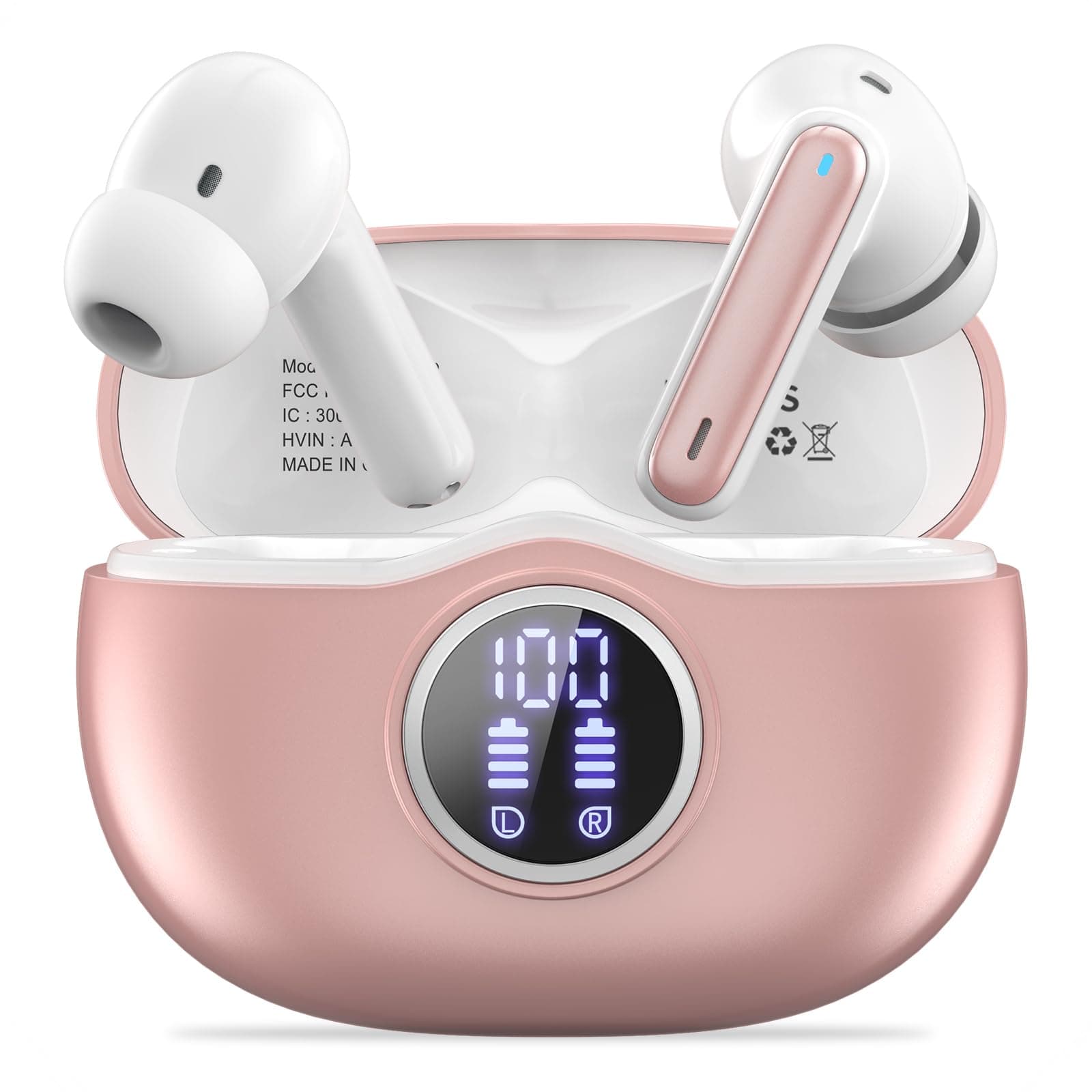 A10 Pro Wireless Earbuds Bluetooth 5.3 HiFi Stereo, 50H Playback LED Digital Display Earphones, ENC Noise Cancelling Mic, Ergonomic Sport Headphone Headset for Gym/Running/Work - Rose Gold