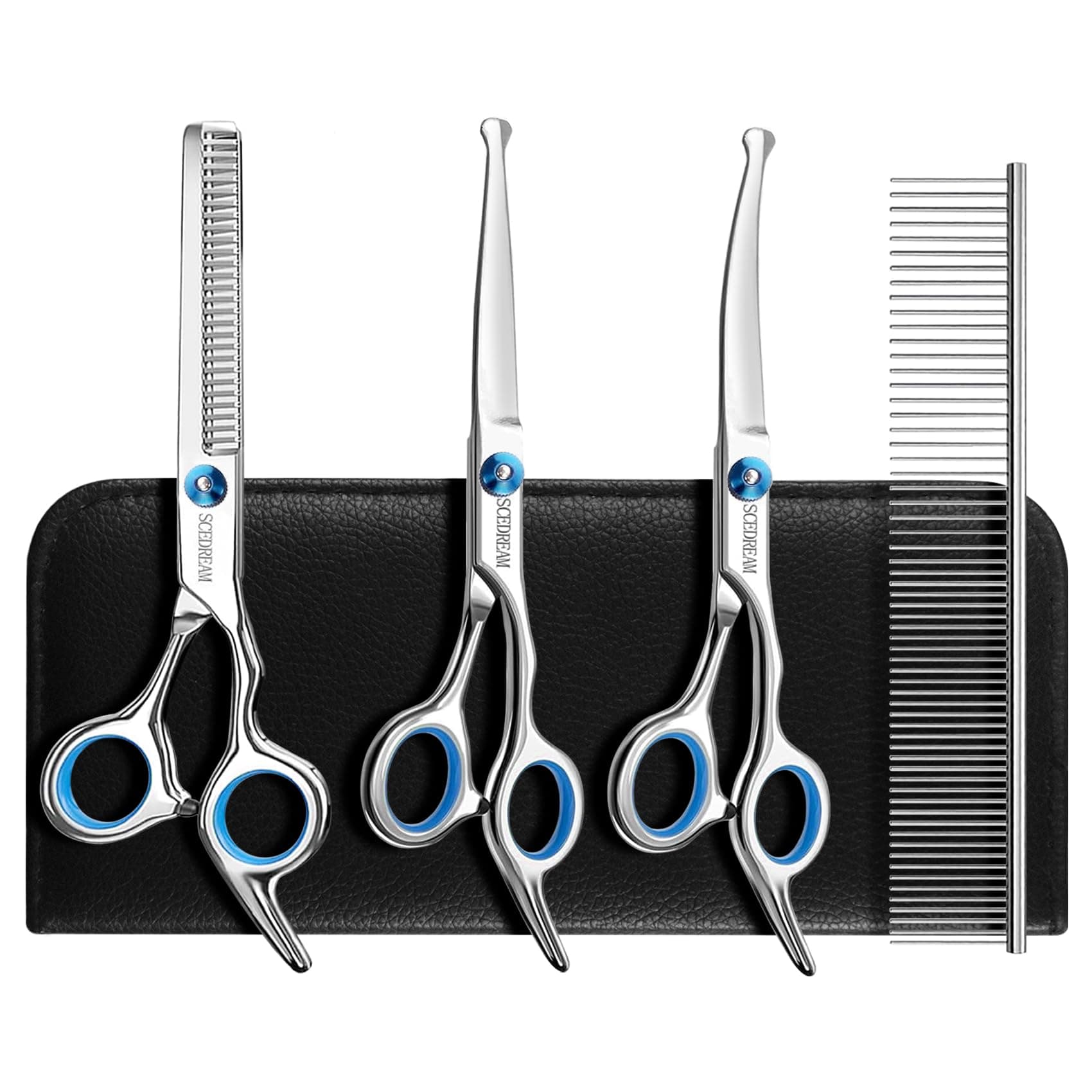 Dog Grooming Scissors for Dogs with Safety Round Tips, 5 in 1 Dog Scissors for Grooming, Professional Curved Pet Grooming Shears Set for Dogs and Cats 5 in 1 Blue