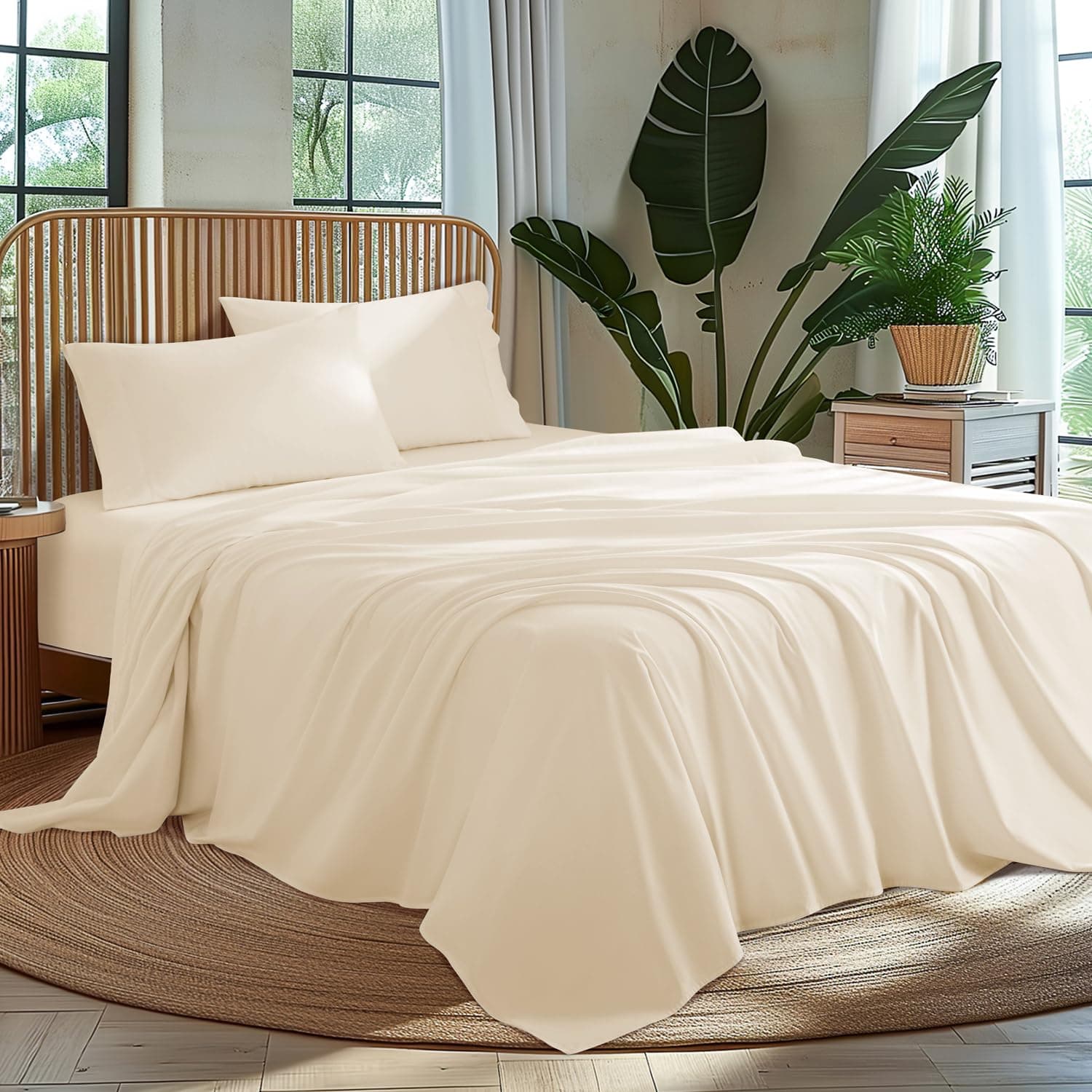 100% Egyptian Cotton King Size Sheets Set - Luxury 1000 High Thread Count Egyptian Cotton Bed Sheets 4 PC, Breathable & Cooling Sheets, 16" Deep Pocket(King,Beige) Beige King