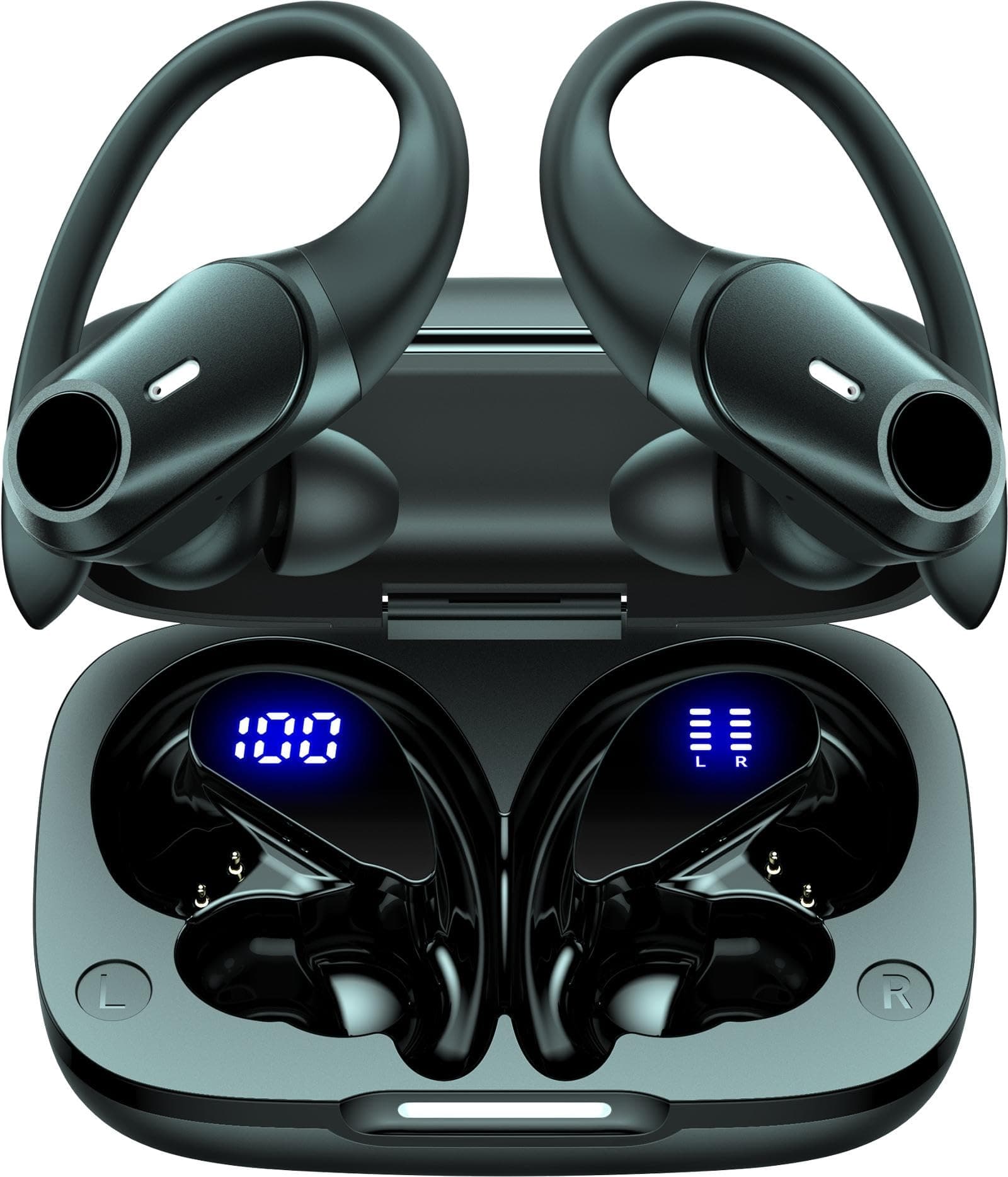 Hybrid Active Noise Cancelling Ear Buds Wireless Earbuds Bluetooth Headphones with 80H Playback Wireless Charging Case & Dual LED Display Over Ear Hooks Earphones for Sports Running Gym Workout Black