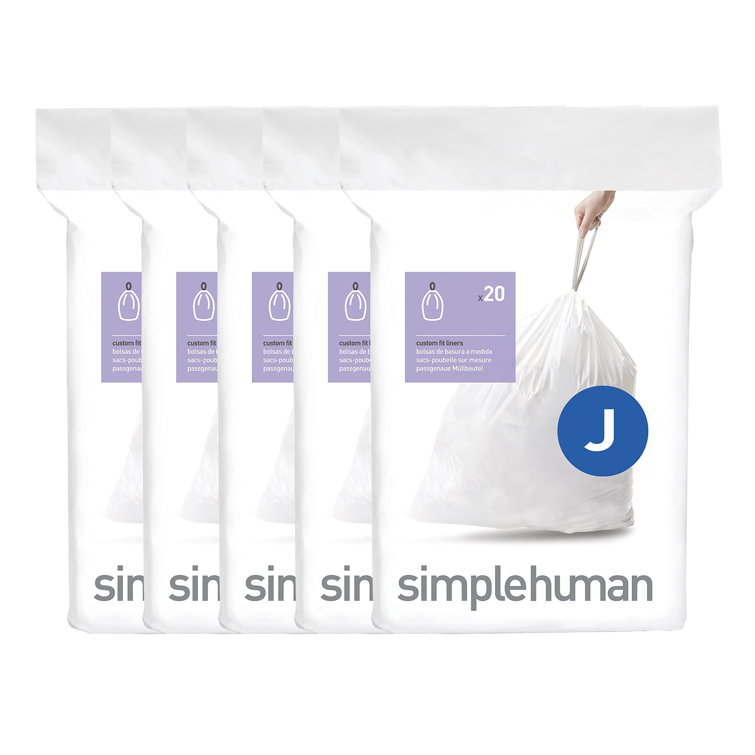 simplehuman Code J 100 Count, Dispenser Pack Custom Fit Liners, Drawstring Trash Bags, 30-45 Liter / 8-12 Gallon, White 100 Count (Pack of 1)