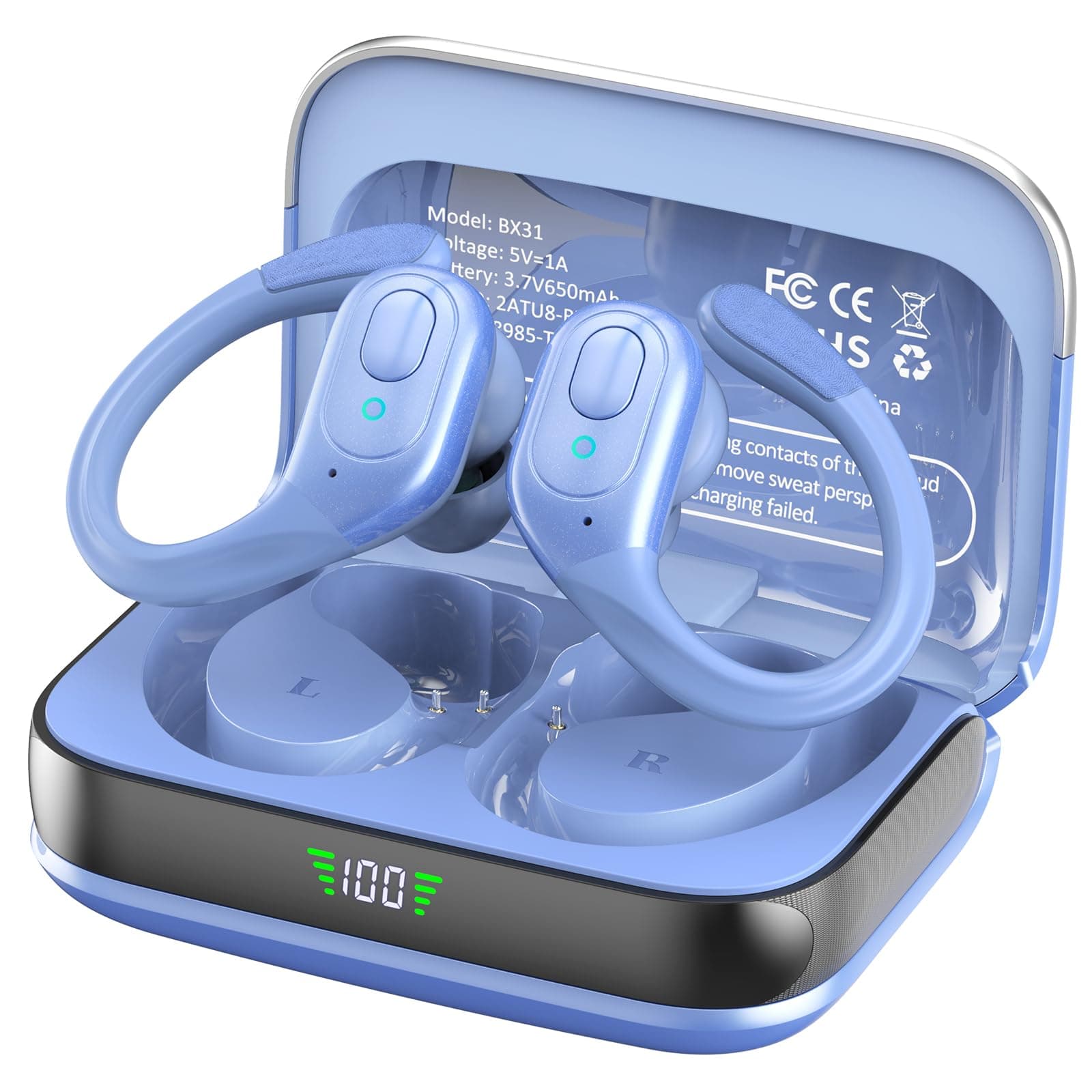 Wireless Earbuds, Sports Bluetooth Headphones, 75Hrs Playtime Ear Buds with LED Power Display, Noise Canceling Headset, IPX7 Waterproof Earphones for Workout/Running