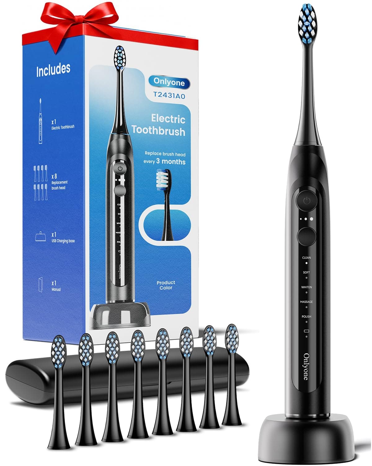 Onlyone Sonic Electric Toothbrush for Adults, Rechargeable Ultrasonic Electric Toothbrush with 8 Brush Heads, Travel Case, Charging Base & Wireless Charging - 5 Modes with Smart Timer Black