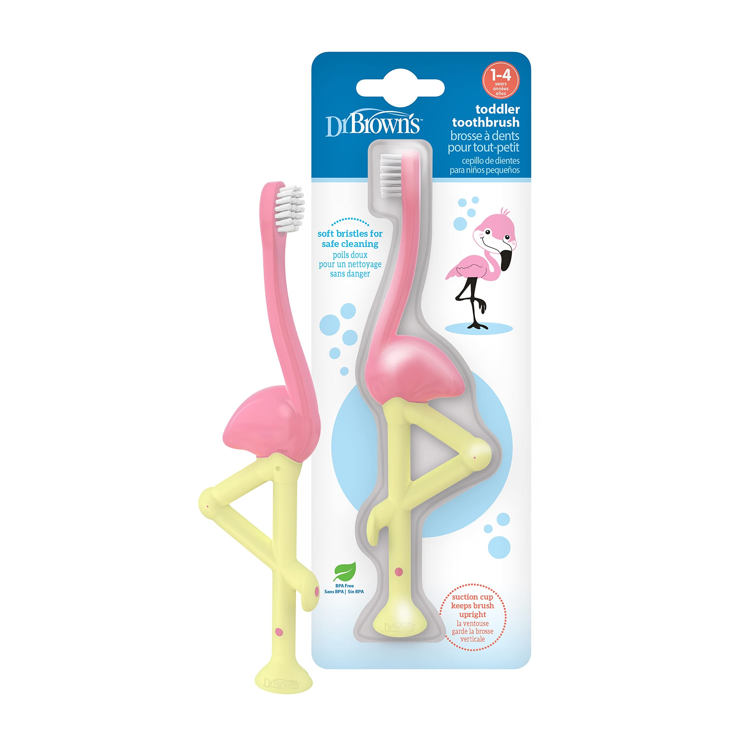 Dr. Brown's Baby and Toddler Toothbrush, Flamingo 1-Pack, 1-4 Years 1 Count (Pack of 1) Pink Flamingo
