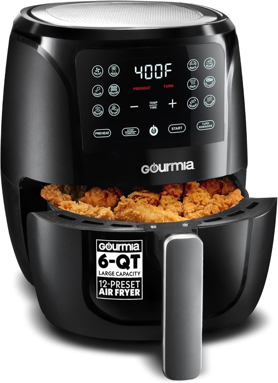 Gourmia Air Fryer - 6 Qt Large Capacity, FryForce 360º, Digital Display with 12 Presets, Roast, Bake, Broil, Dehydrate, Dishwasher Safe Accessories, Black 6 Quart Black