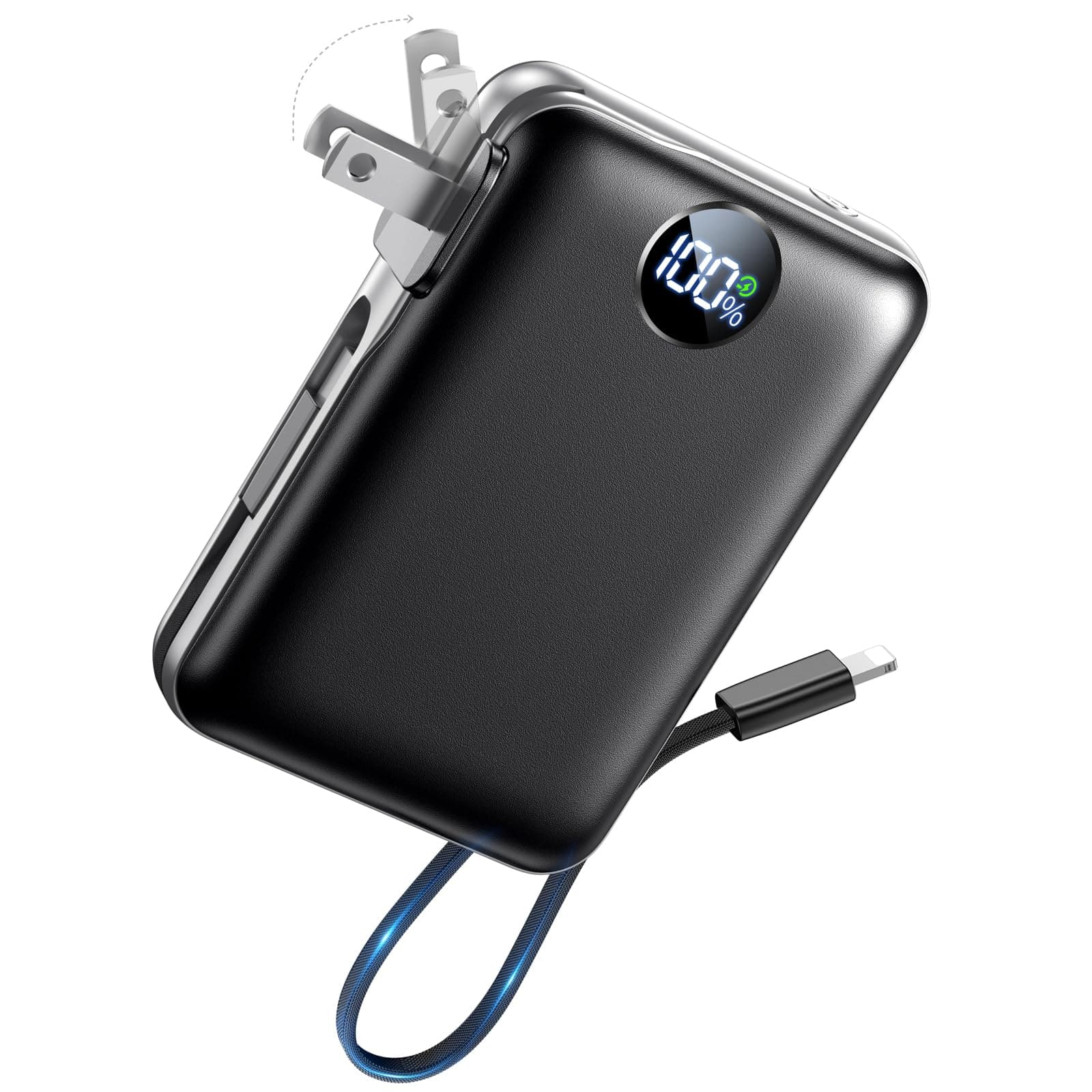 Portable Charger with Built in Cables & Wall Plug,10000mAh Power Bank, 4 Outputs,22.5W USB C Fast Charging,Slim Travel Essential Battery Pack with LED Display for iPhone 17/16/15/14 Series, Samsung Black