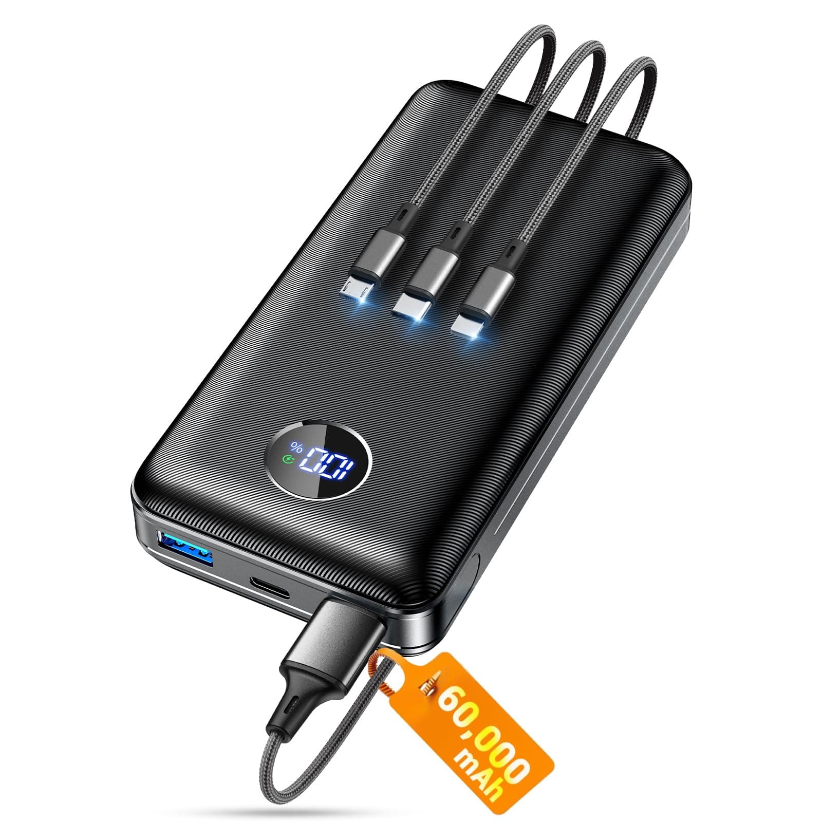 Portable Charger Power Bank, 60000mAh Battery Pack with 3 in 1 USB-C/iOS/Micro-USB Cable, 22.5W Fast Charging Portable Phone Charger, Travel Camping Essential Powerbank for iPhone 17/16/15/14 Samsung 60000mAh Ebony