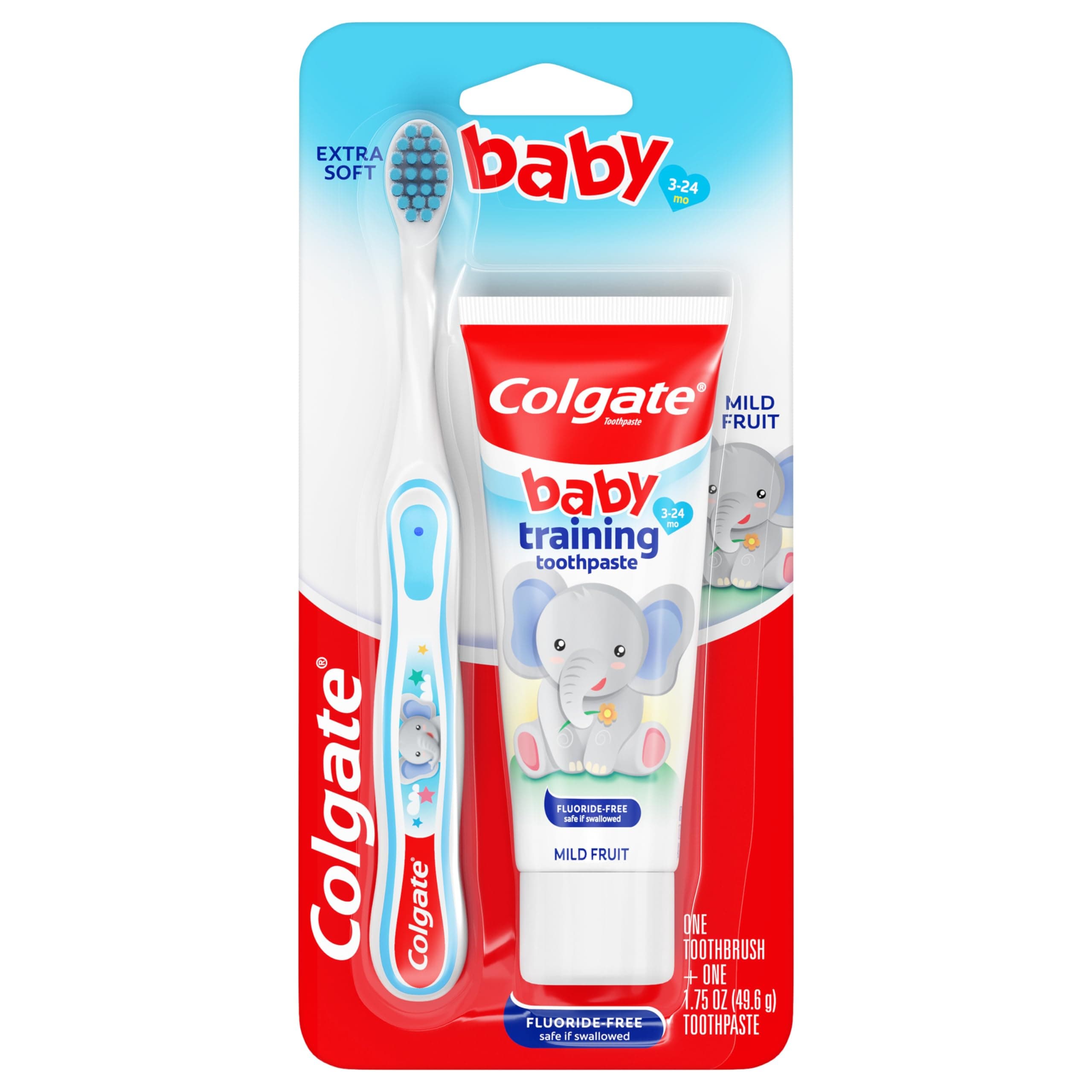 Colgate Baby Toothpaste and Toothbrush Kit, Mild Fruit Flavor, for Ages 3-24 Months 2 Piece Set Extra Soft