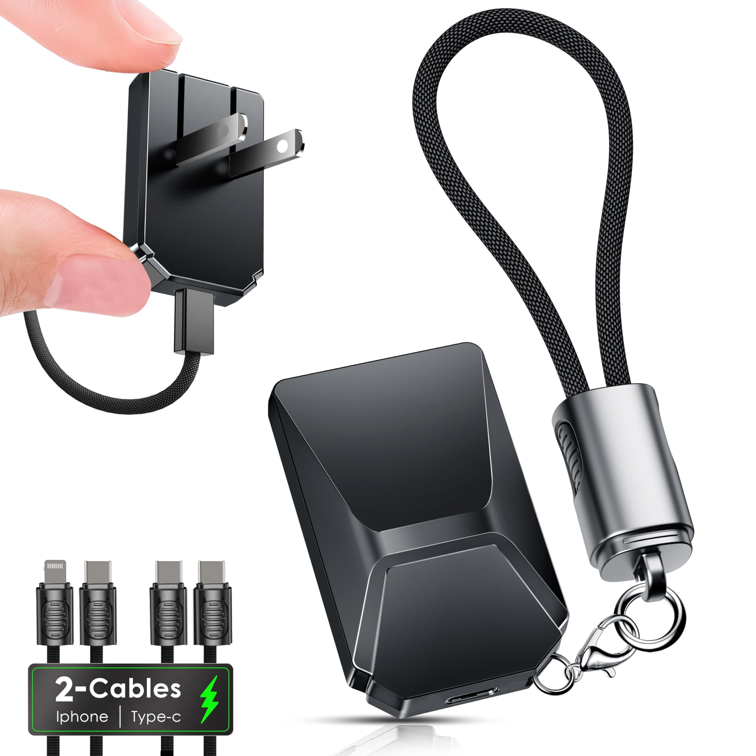 USB C Charger for iPhone 16/15 Charger Fast Charging,GaN Keychain Design Fast Wall Charger Block with USB C to C & C to Lightning Cable,Christmas Gift for men,Foldable and Compact for iPhone(Black)