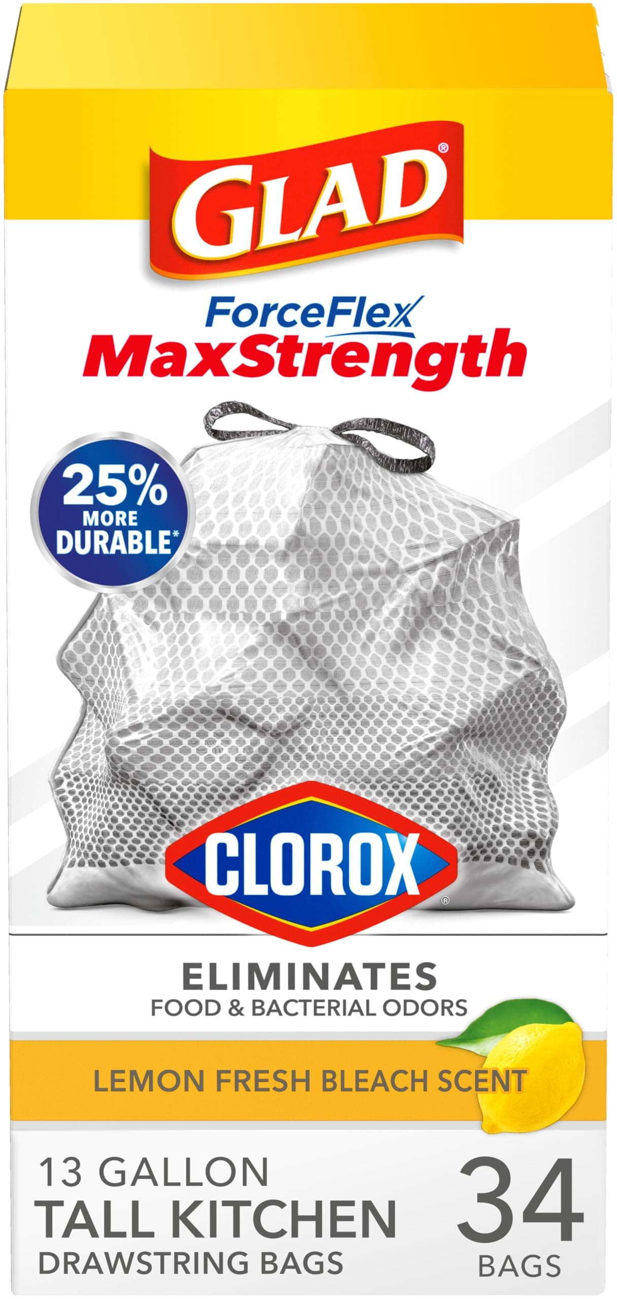Glad ForceFlex MaxStrength with Clorox Tall Kitchen Trash Bags, 13 Gal, 34 Ct (Package May Vary) Lemon Fresh Bleach 34 Count (Pack of 1)