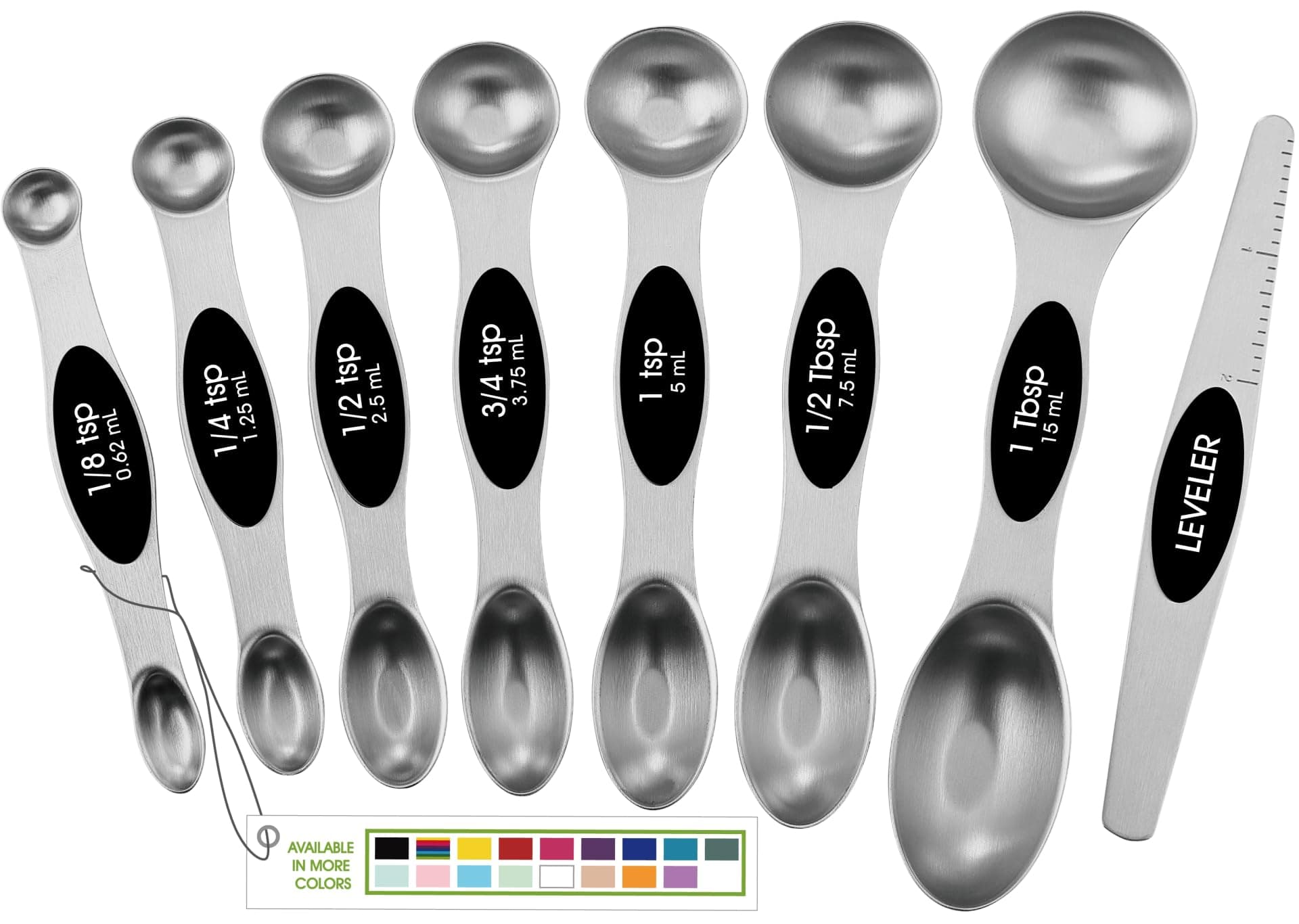 Spring Chef Stainless Steel Magnetic Measuring Spoons Set with Strong N45 Magnets, Heavy Duty Metal Kitchen Gadgets for Baking & Cooking, Fits in Most Kitchen Spice Jars, Set of 8 with Leveler, Black 1-Pack Black