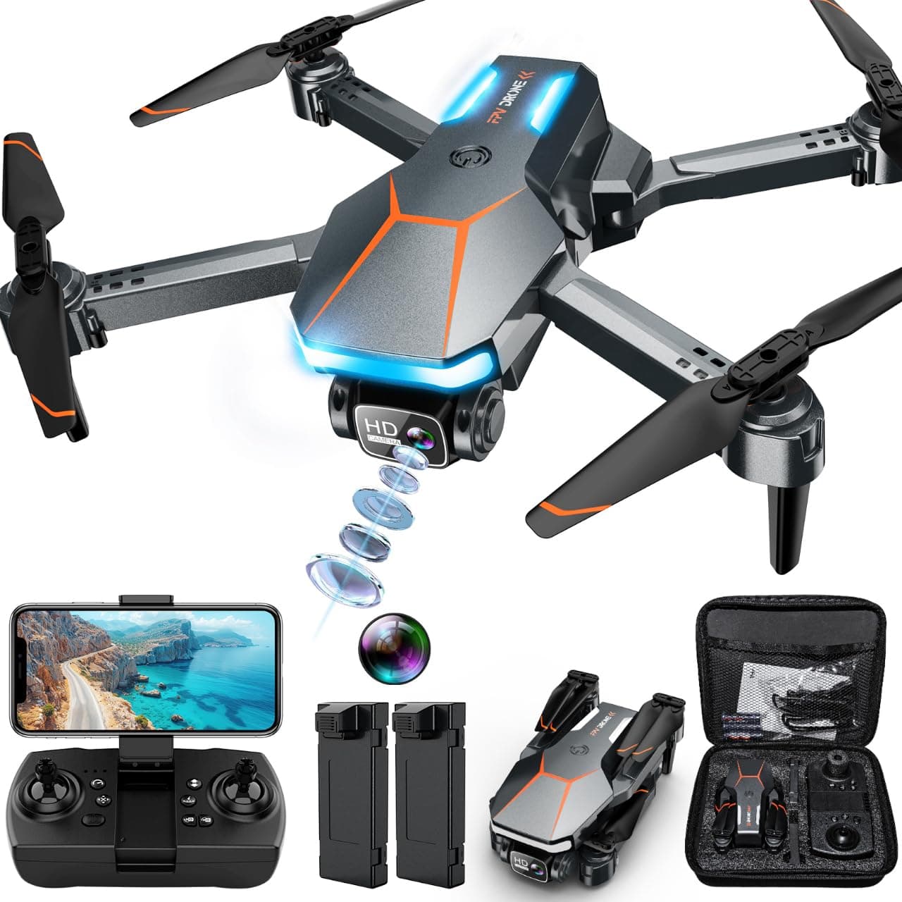 Drone with Camera, 1080P FPV Foldable Drone with Stable Altitude Hold, Gravity Control, Trajectory Flight, 90° Adjustable Lens, One Key Take Off, 2 Batteries, RAGPIP X66 Drone Toy for Kids Adult Beginners GreyOrange