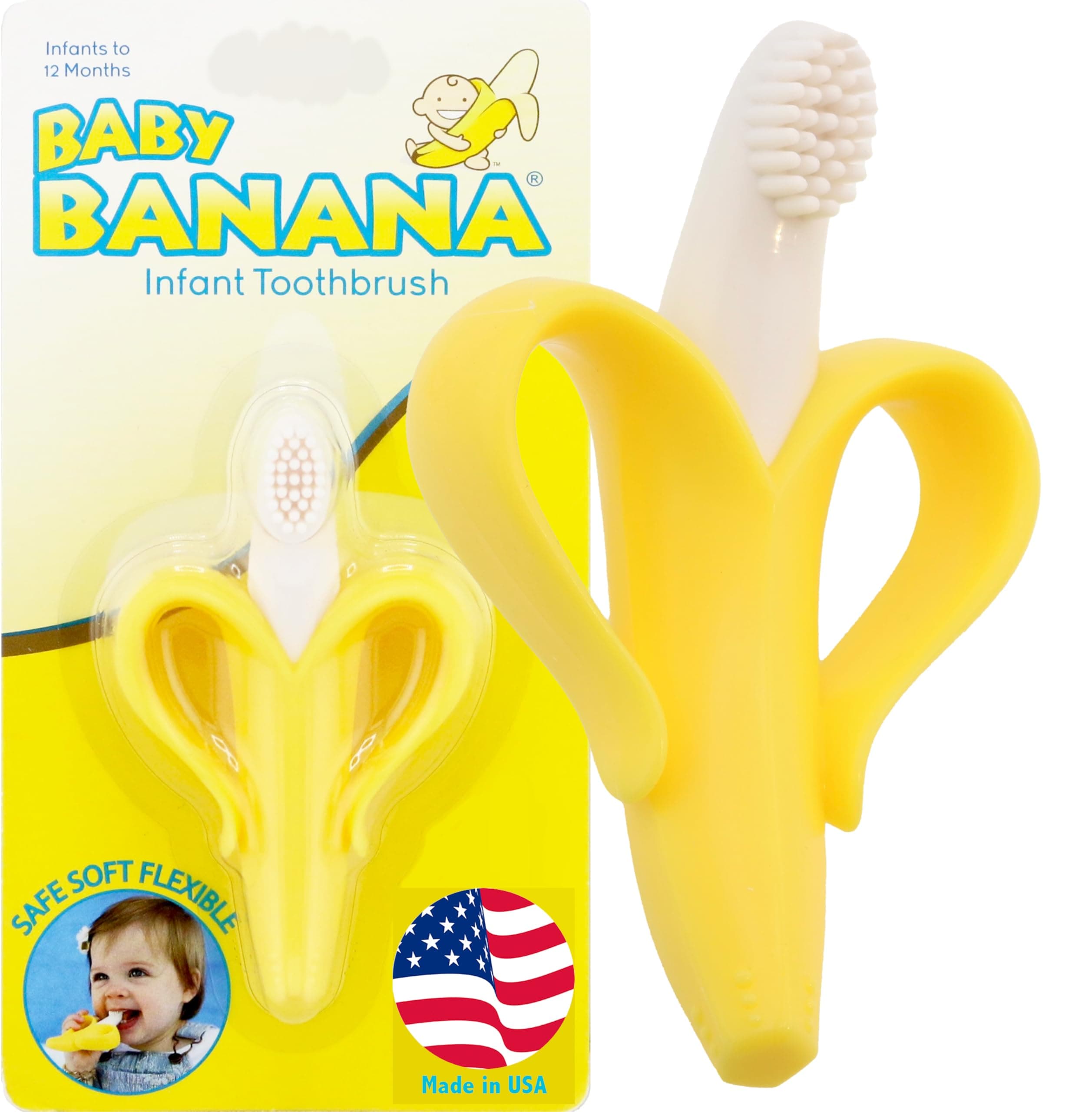 Baby Banana The Original, Banana Brush, Made in USA, Toddler Toothbrush, Family-Owned Business Yellow and White