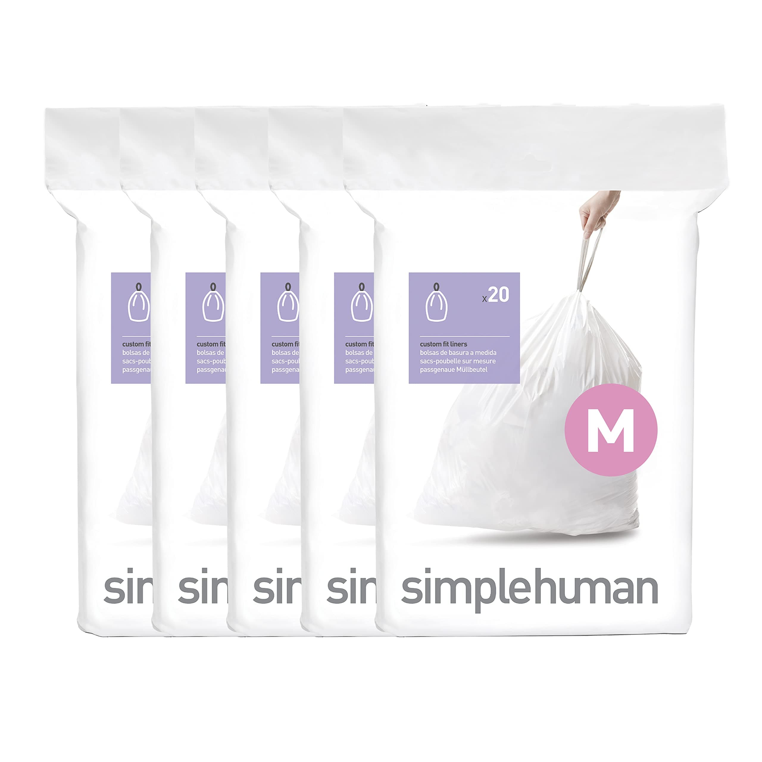 simplehuman Code M 100 Count, Dispenser Pack Custom Fit Liners, Drawstring Trash Bags, 45 Liter / 11.9 Gallon, White 100 Count (Pack of 1)