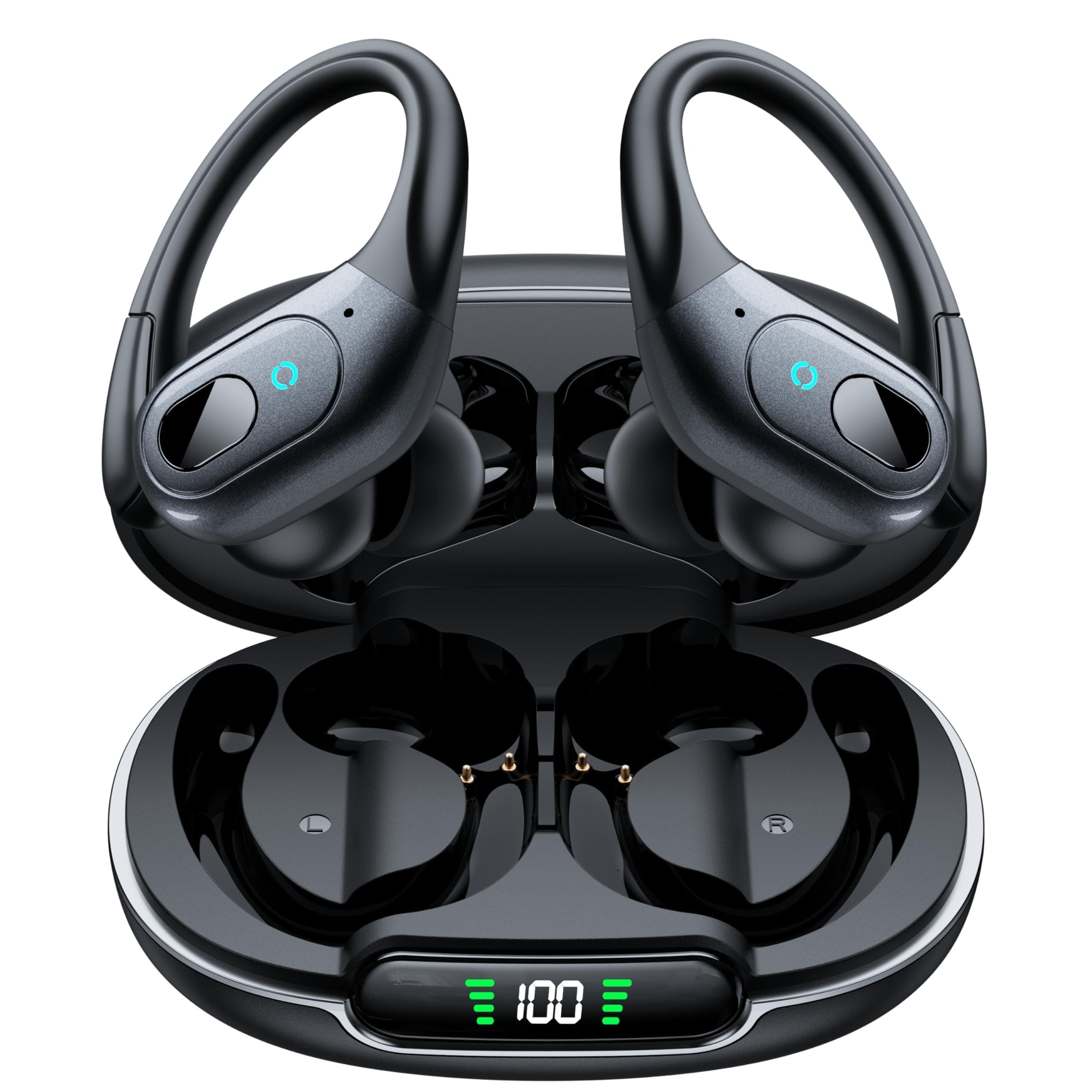 occiam Active Noise Cancelling Earbuds Wireless Bluetooth Headphones Ear Buds 90Hrs Playback Stereo Bass Earphones with Mic Over-Ear Hooks IPX7 Waterproof Headset for Work Sports Running Gym Black