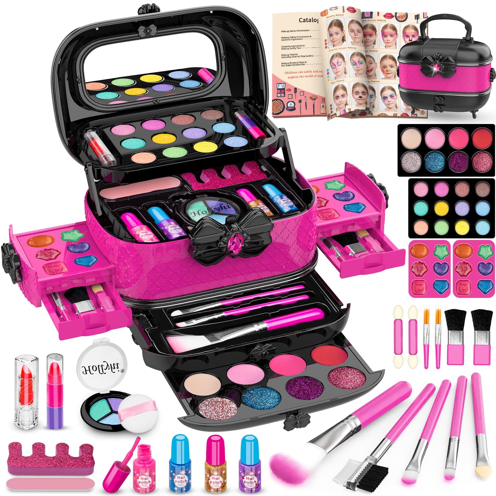 Hollyhi 58 Pcs Kids Makeup Kit for Girl, Princess Toys Real Washable Cosmetic Set with Mirror, Kids Makeup Sets for Girls, Play Make Up Birthday Gifts for 3 4 5 6 7 8 9 10 11 12 Years Old Kid (Rose) Rose and Black