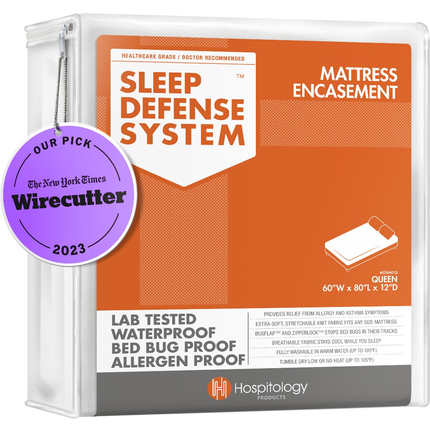 HOSPITOLOGY PRODUCTS Mattress Encasement - Zippered Bed Bug Dust Mite Proof Hypoallergenic - Sleep Defense System - Queen - Waterproof - Stretchable - Standard 12" Depth - 60" W x 80" L 12" - 18" Depth Mattress Queen